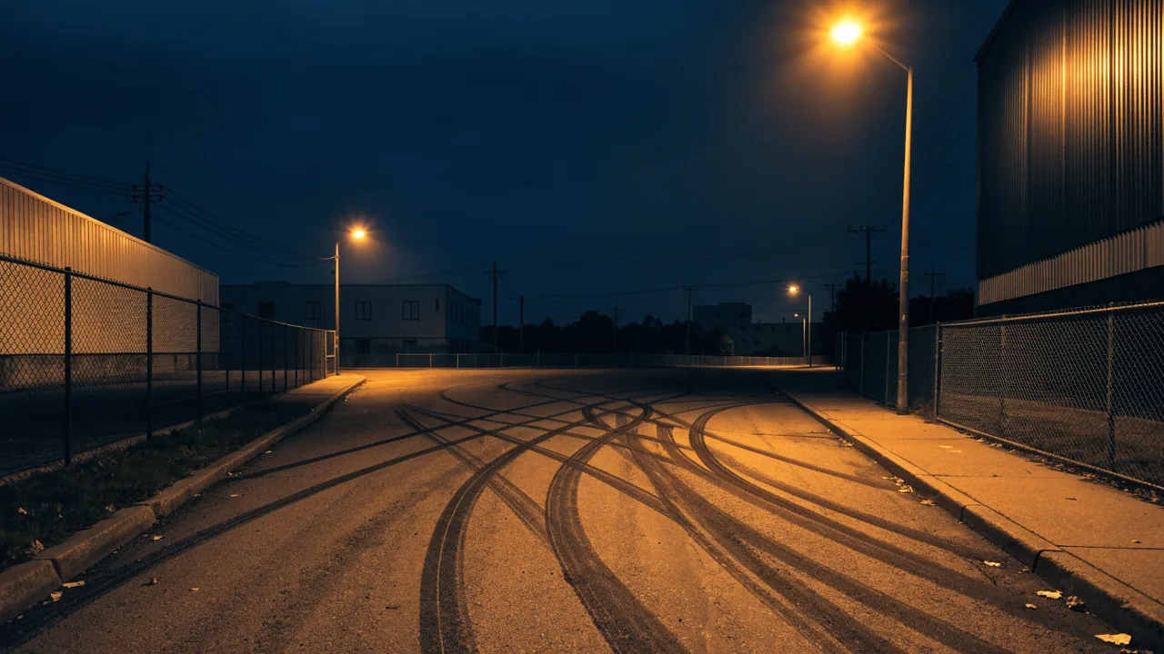 Marcas de llantas en un cruce industrial de Fontana despues de carreras ilegales nocturnas
