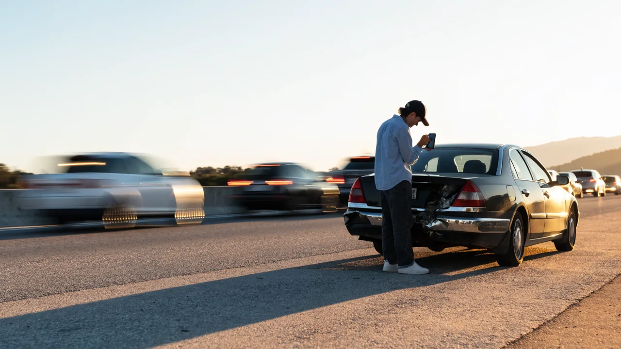 Conductor tomando fotos de los daños en el acotamiento de la autopista 10 en Fontana en las primeras horas