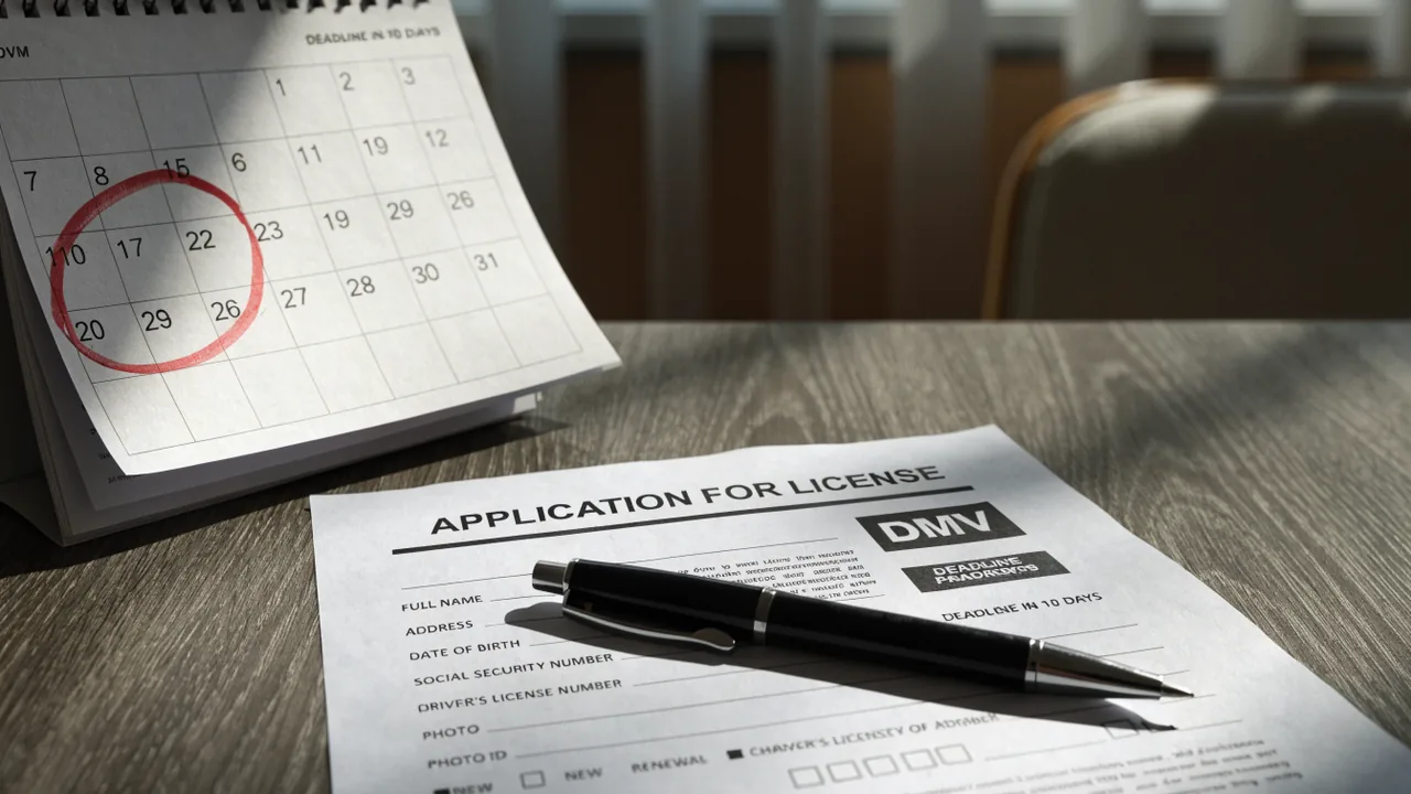 Formulario SR-1 del DMV de California con el plazo de diez dias marcado en un calendario