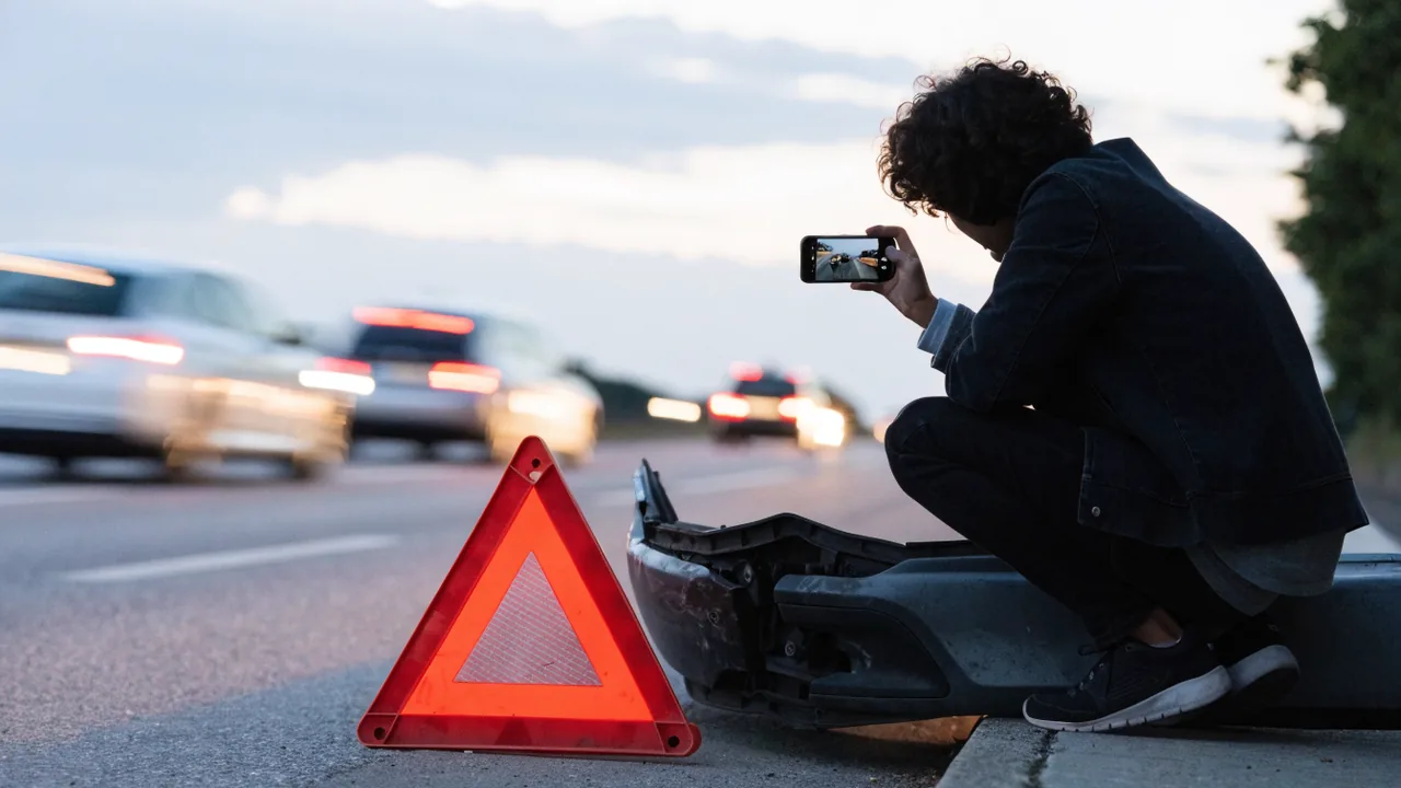 Conductor tomando fotos de los daños en el acotamiento de la autopista 10 en Fontana en las primeras horas