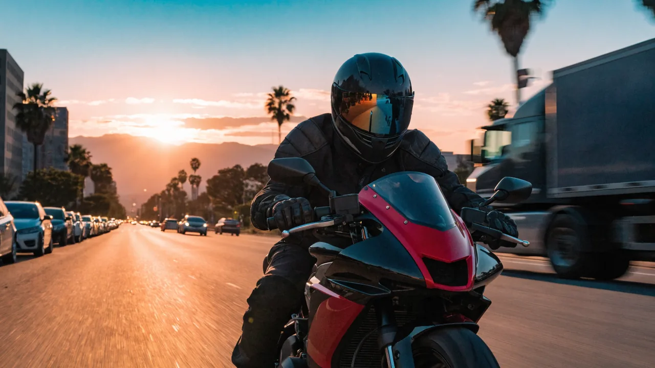 Motociclista rodando por el bulevar Foothill la Ruta 66 en Fontana