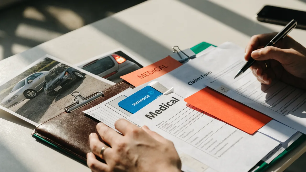 Carpeta con fotos del choque tarjetas de seguro y papeles medicos lista para la consulta gratis en Fontana