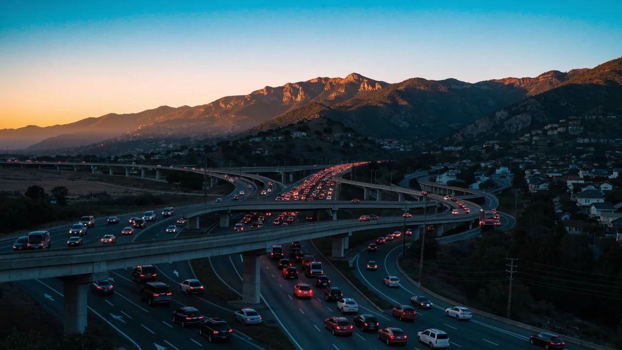 Trafico intenso en el cruce de autopistas que atraviesan Fontana al atardecer