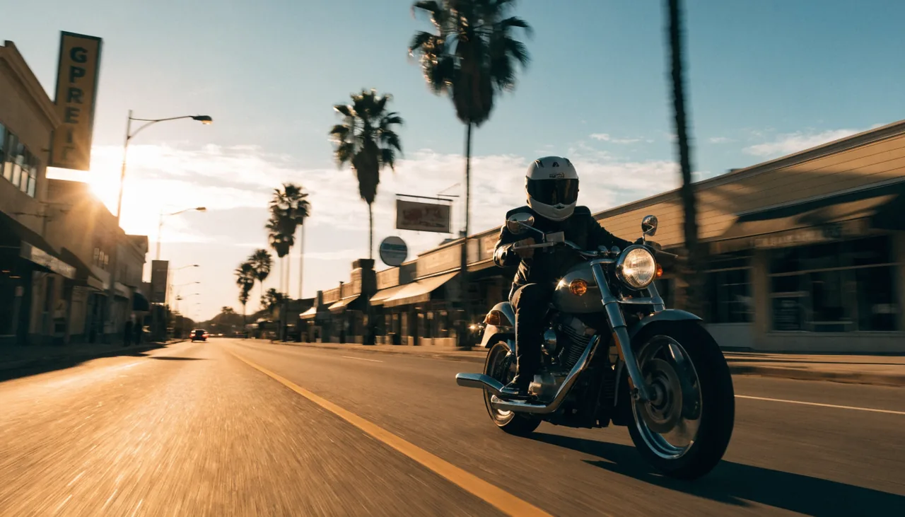 Motociclista en el bulevar Foothill la Ruta 66 en Fontana